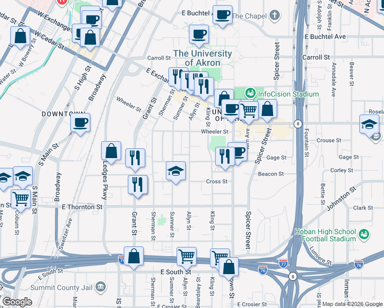 map of restaurants, bars, coffee shops, grocery stores, and more near 310 Power Street in Akron