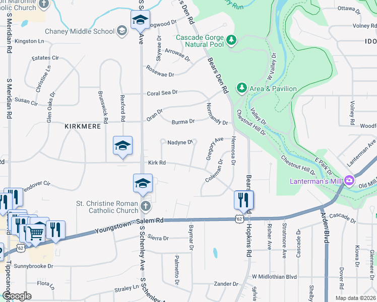 map of restaurants, bars, coffee shops, grocery stores, and more near 2432 Kirk Road in Youngstown