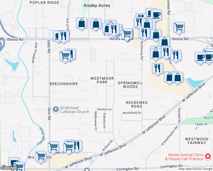 map of restaurants, bars, coffee shops, grocery stores, and more near 1598 Edenton Drive in Fort Wayne