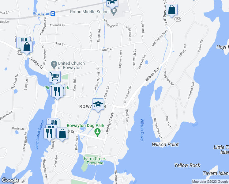 map of restaurants, bars, coffee shops, grocery stores, and more near 79 Highland Avenue in Norwalk