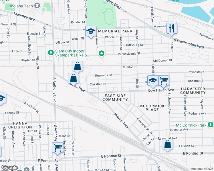 map of restaurants, bars, coffee shops, grocery stores, and more near 2404 Chestnut Street in Fort Wayne