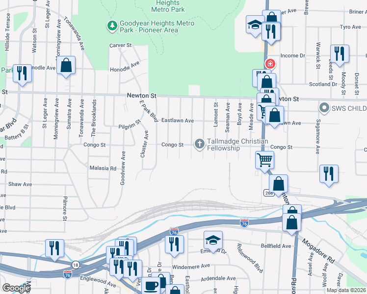 map of restaurants, bars, coffee shops, grocery stores, and more near 369 Newell Avenue in Akron