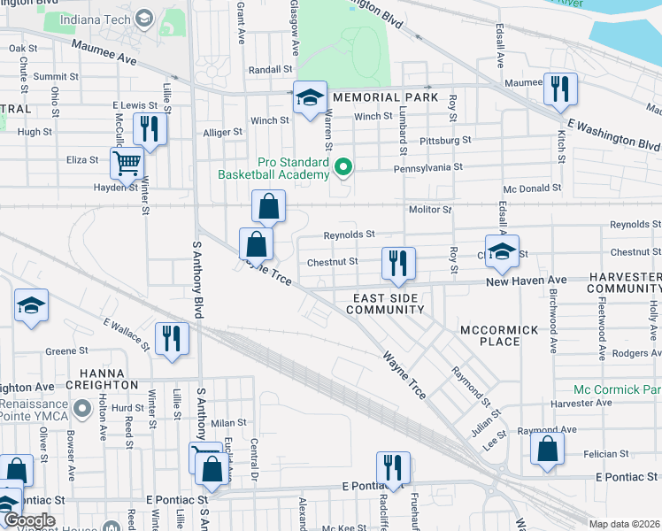 map of restaurants, bars, coffee shops, grocery stores, and more near 2221 New Haven Avenue in Fort Wayne