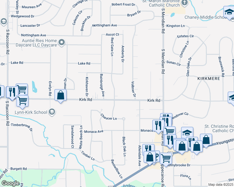 map of restaurants, bars, coffee shops, grocery stores, and more near 3027 Red Gate Lane in Youngstown