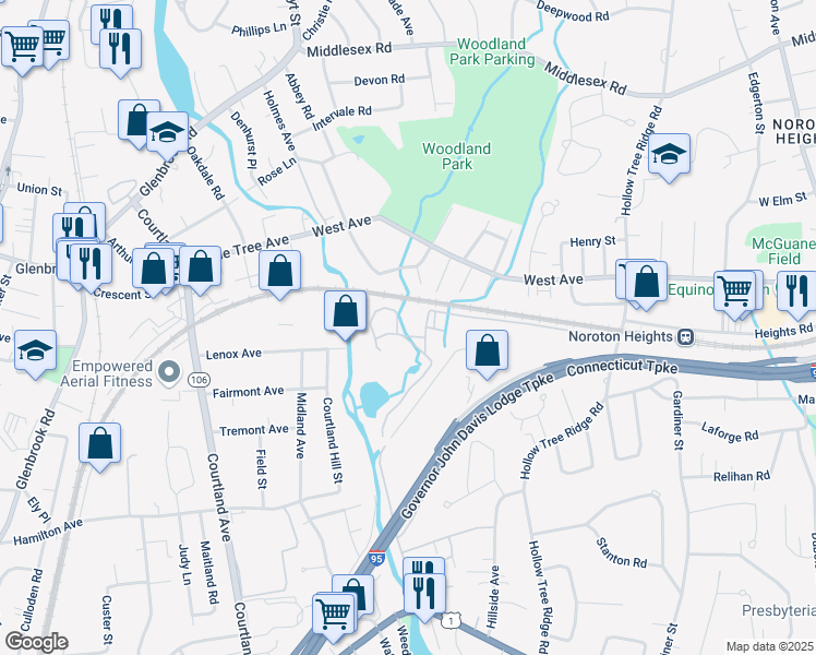 map of restaurants, bars, coffee shops, grocery stores, and more near 13 Catherine Street in Darien
