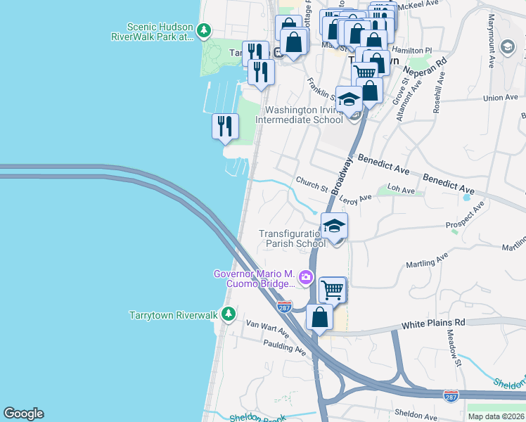 map of restaurants, bars, coffee shops, grocery stores, and more near 110 Tappan Landing Road in Tarrytown