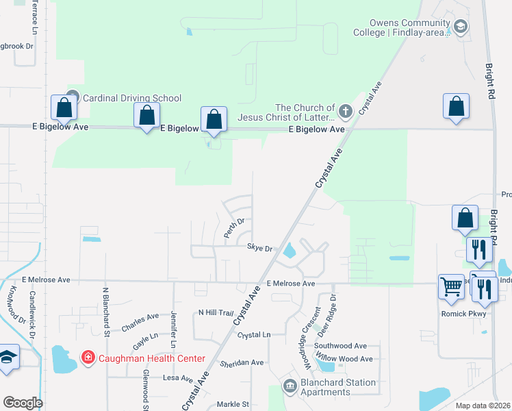 map of restaurants, bars, coffee shops, grocery stores, and more near 1011 Doune Drive in Findlay
