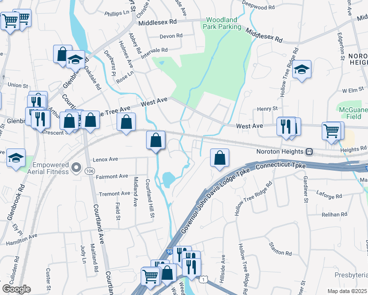 map of restaurants, bars, coffee shops, grocery stores, and more near 13 Catherine Street in Darien