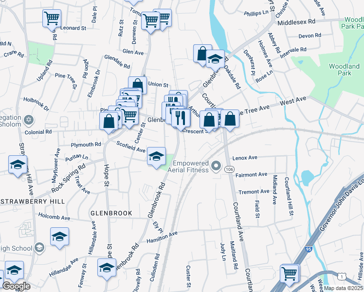 map of restaurants, bars, coffee shops, grocery stores, and more near 17 Crescent Street in Stamford