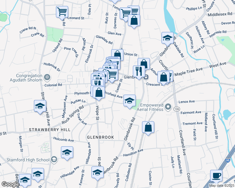 map of restaurants, bars, coffee shops, grocery stores, and more near 21 Rose Street in Stamford