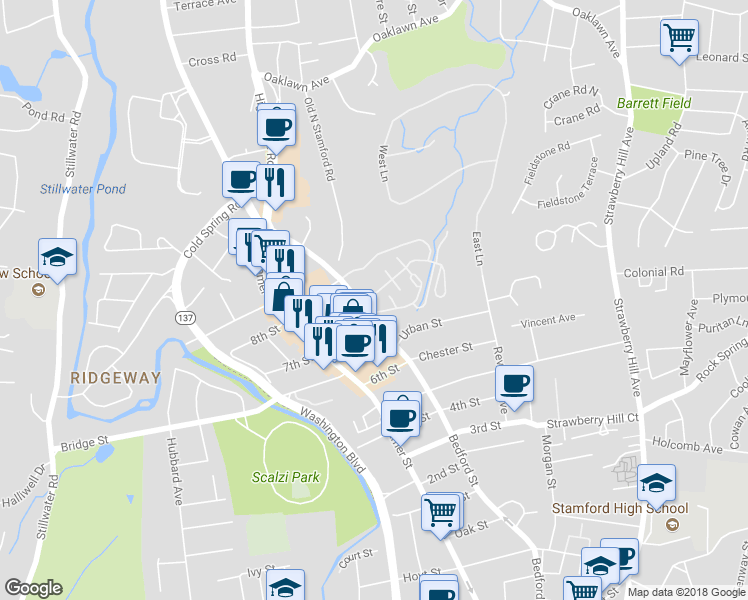 map of restaurants, bars, coffee shops, grocery stores, and more near 2233 Bedford Street in Stamford