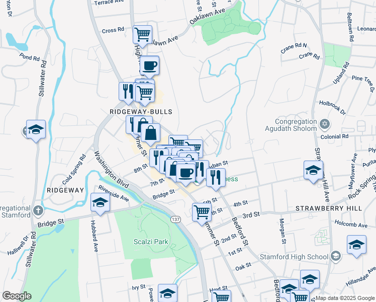 map of restaurants, bars, coffee shops, grocery stores, and more near 2233 Bedford Street in Stamford