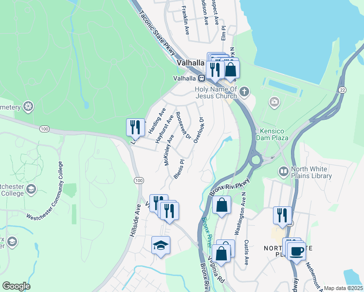 map of restaurants, bars, coffee shops, grocery stores, and more near 56 Livingston Avenue in Valhalla