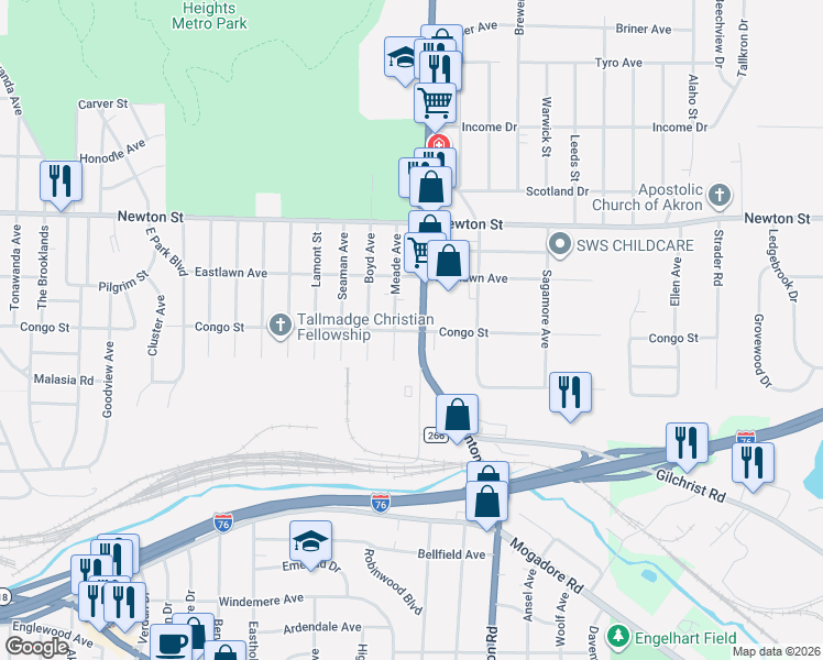 map of restaurants, bars, coffee shops, grocery stores, and more near 230 Darrow Road in Akron