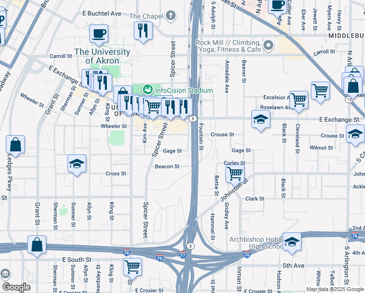 map of restaurants, bars, coffee shops, grocery stores, and more near 504 Crouse Street in Akron