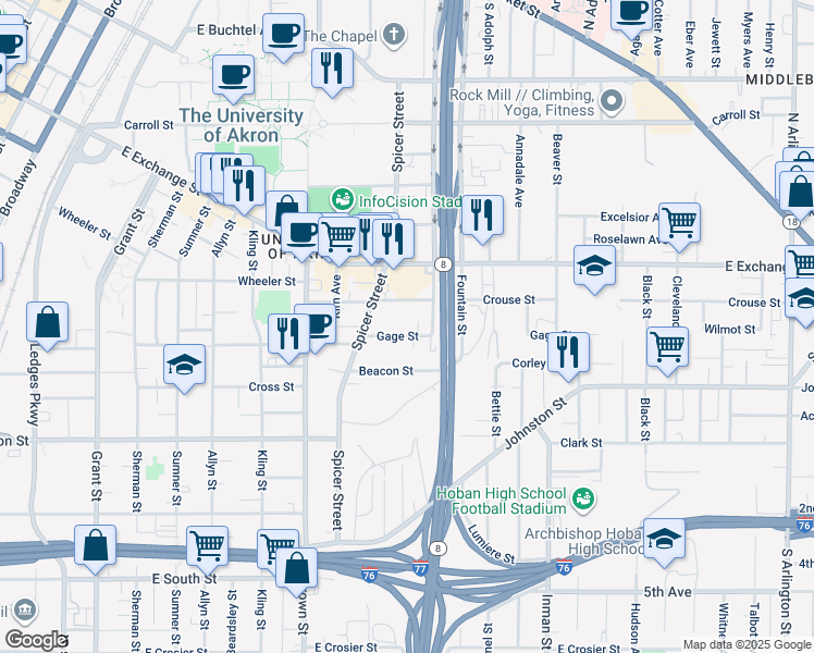 map of restaurants, bars, coffee shops, grocery stores, and more near 504 Crouse Street in Akron