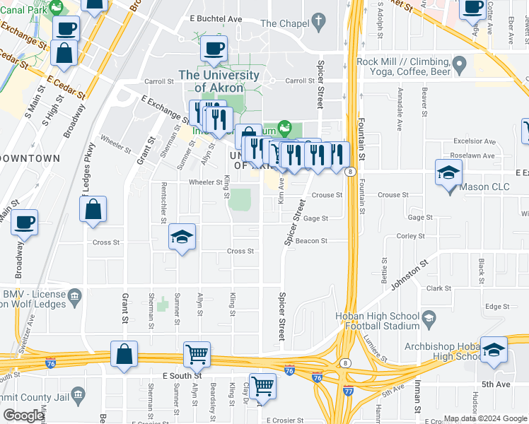 map of restaurants, bars, coffee shops, grocery stores, and more near 432 Brown Street in Akron