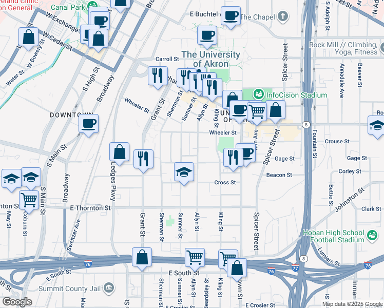map of restaurants, bars, coffee shops, grocery stores, and more near 489 Sumner Street in Akron