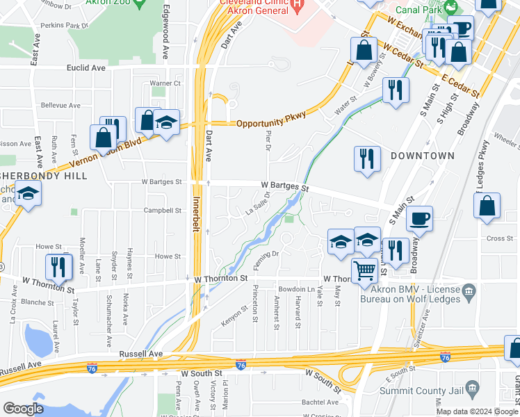 map of restaurants, bars, coffee shops, grocery stores, and more near 895 Quarry Drive in Akron