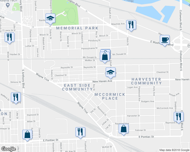 map of restaurants, bars, coffee shops, grocery stores, and more near 2714 Reynolds Street in Fort Wayne