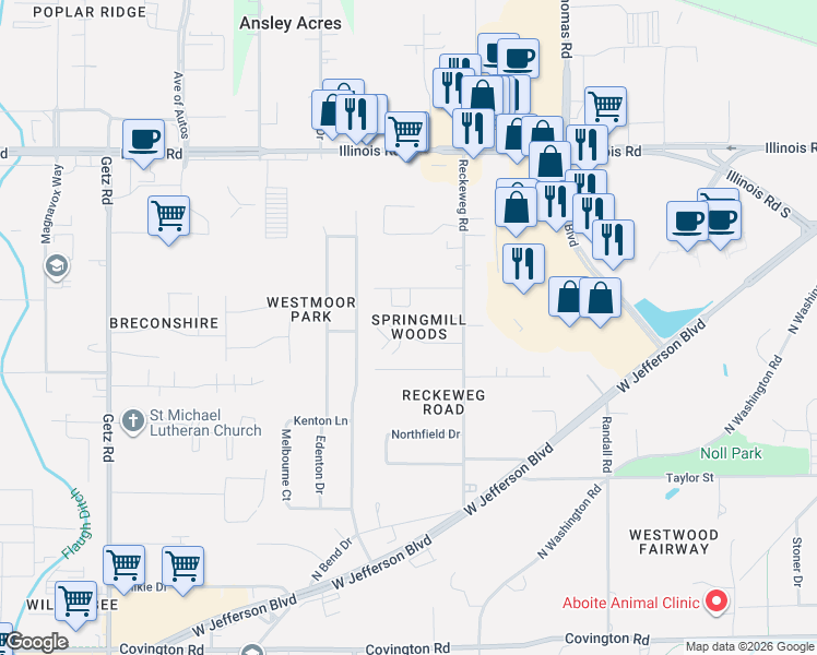 map of restaurants, bars, coffee shops, grocery stores, and more near in Fort Wayne