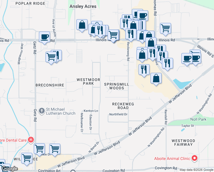 map of restaurants, bars, coffee shops, grocery stores, and more near 1511 North Glendale Drive in Fort Wayne