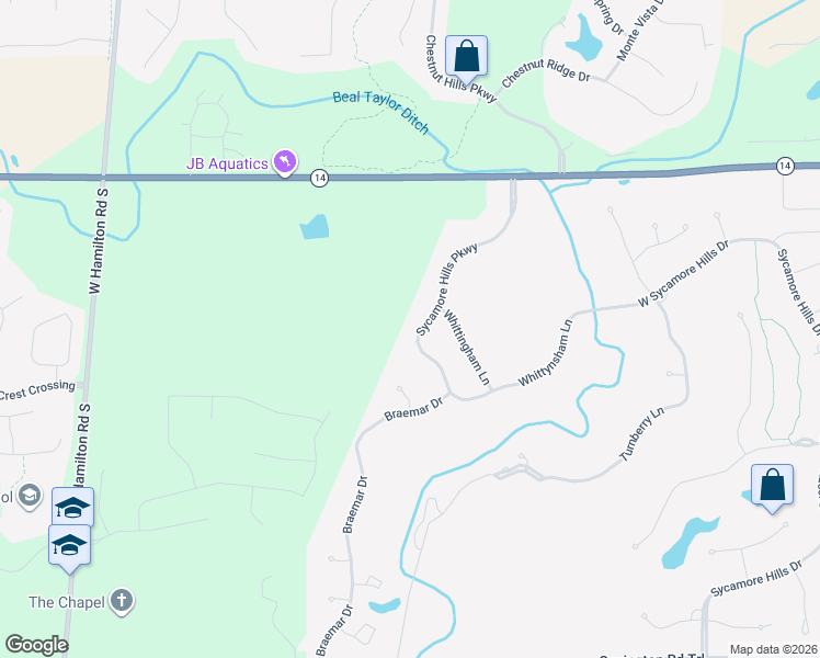 map of restaurants, bars, coffee shops, grocery stores, and more near 1618 Sycamore Hills Parkway in Fort Wayne