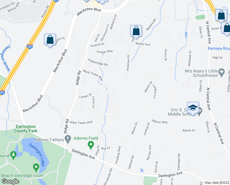 map of restaurants, bars, coffee shops, grocery stores, and more near 3906 Melville Court in Mahwah