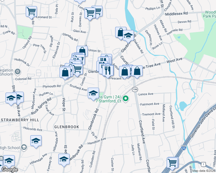 map of restaurants, bars, coffee shops, grocery stores, and more near 467 Glenbrook Road in Stamford