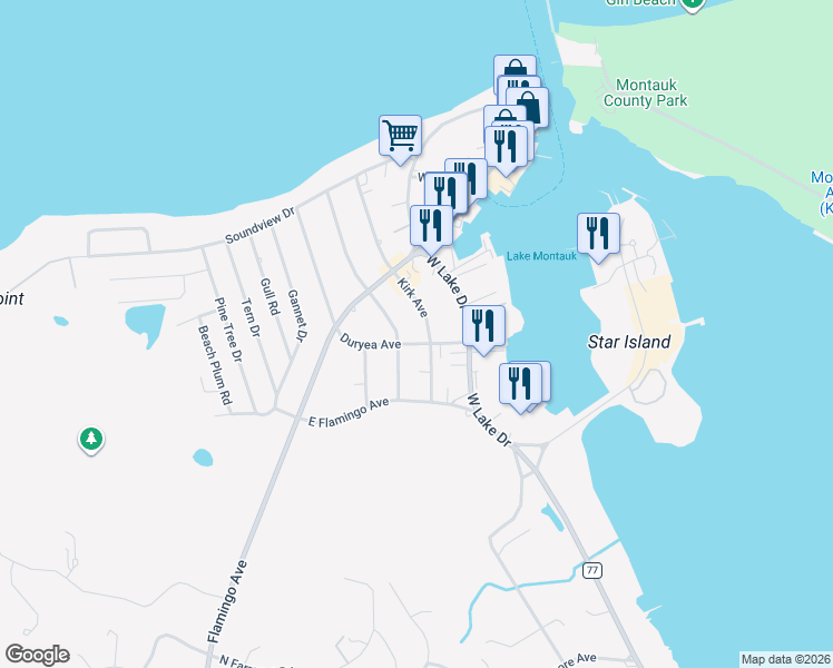map of restaurants, bars, coffee shops, grocery stores, and more near 79 Kirk Avenue in Montauk