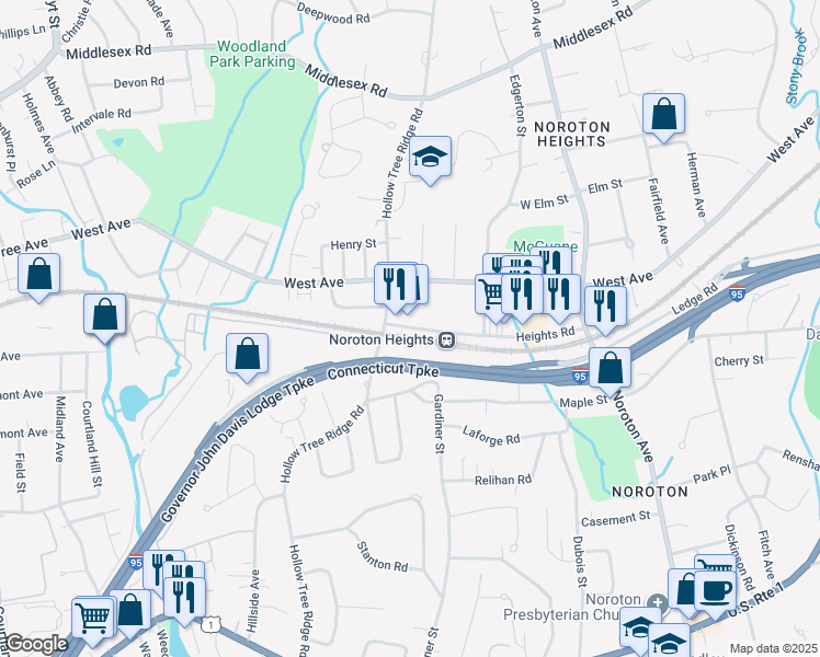 map of restaurants, bars, coffee shops, grocery stores, and more near 314 Heights Rd in Darien