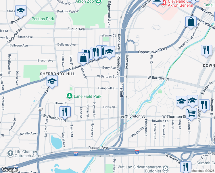 map of restaurants, bars, coffee shops, grocery stores, and more near 331 Keifer Court in Akron
