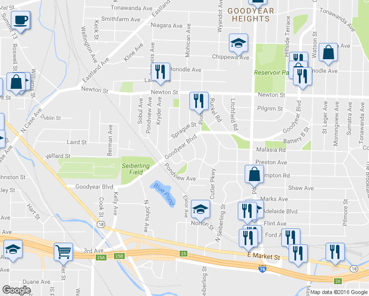 map of restaurants, bars, coffee shops, grocery stores, and more near 1366 Goodyear Boulevard in Akron