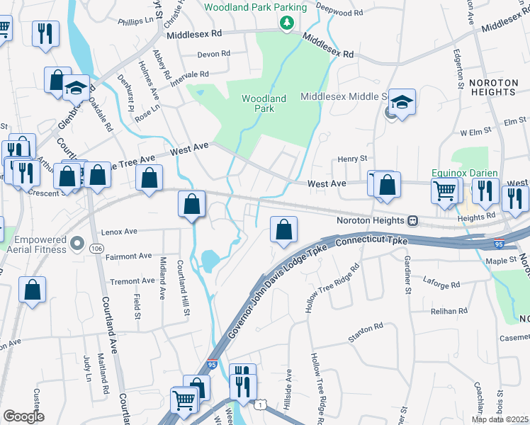 map of restaurants, bars, coffee shops, grocery stores, and more near 12 Catherine Street in Darien