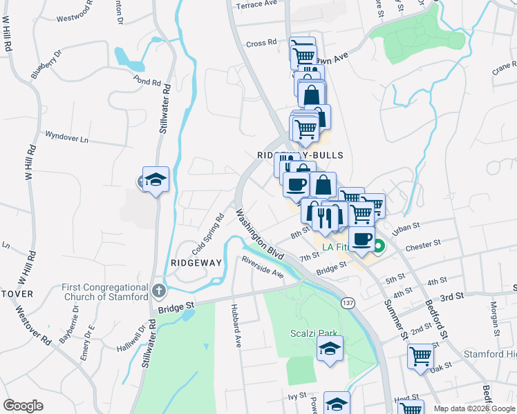 map of restaurants, bars, coffee shops, grocery stores, and more near 96 Cold Spring Road in Stamford