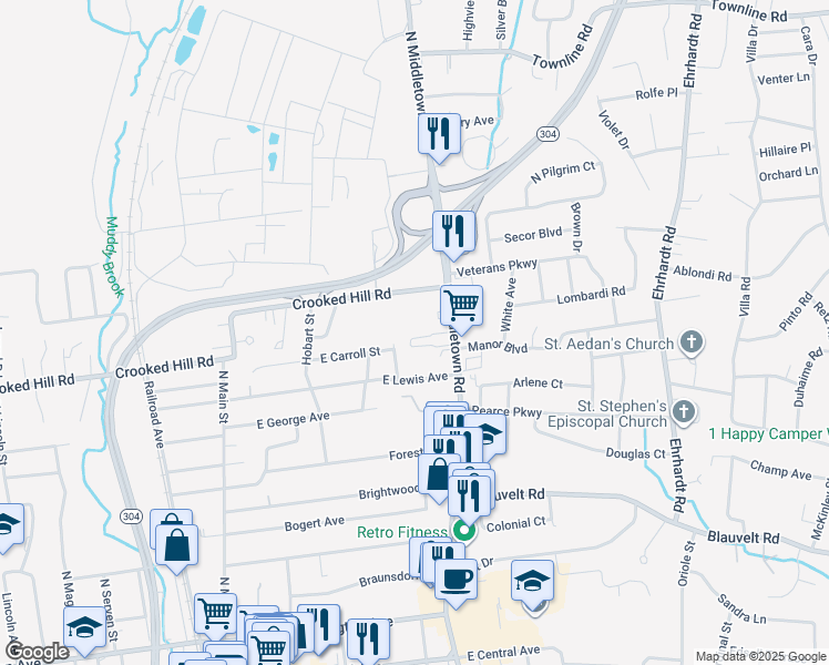 map of restaurants, bars, coffee shops, grocery stores, and more near 564 East Crooked Hill Road in Pearl River