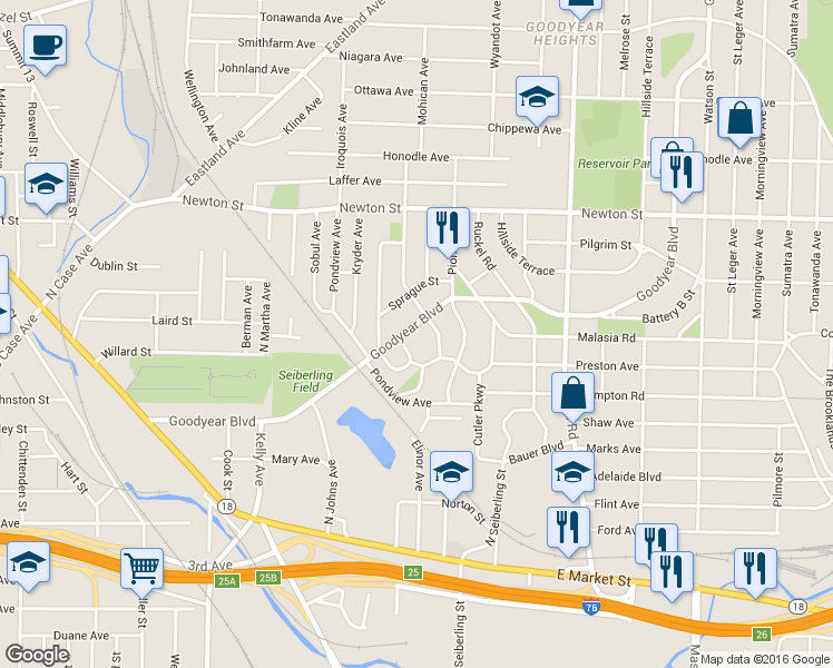 map of restaurants, bars, coffee shops, grocery stores, and more near 1366 Goodyear Boulevard in Akron