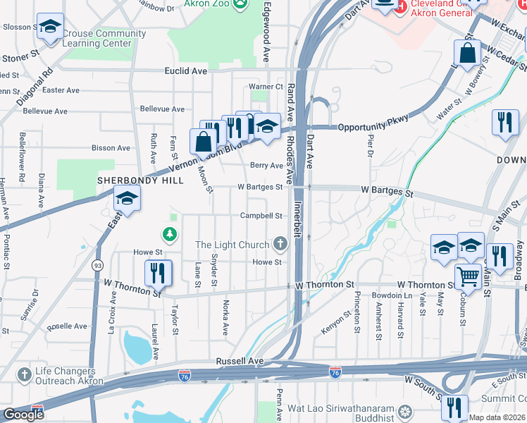 map of restaurants, bars, coffee shops, grocery stores, and more near 331 Keifer Court in Akron
