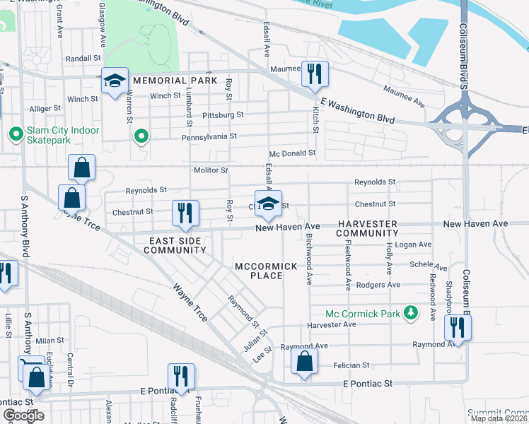 map of restaurants, bars, coffee shops, grocery stores, and more near 1718 Edsall Avenue in Fort Wayne