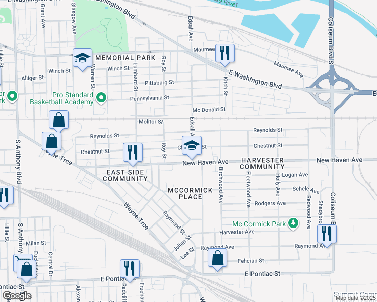 map of restaurants, bars, coffee shops, grocery stores, and more near 1718 Edsall Avenue in Fort Wayne
