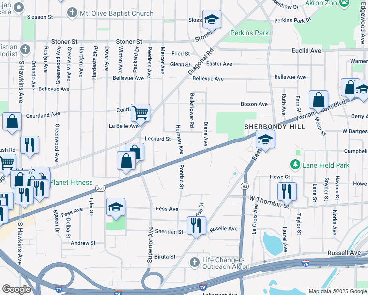 map of restaurants, bars, coffee shops, grocery stores, and more near 787 Leonard Street in Akron