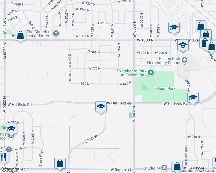 map of restaurants, bars, coffee shops, grocery stores, and more near 2387 West 650 North in Layton