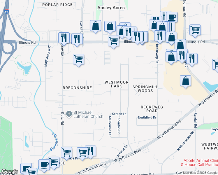 map of restaurants, bars, coffee shops, grocery stores, and more near in Fort Wayne