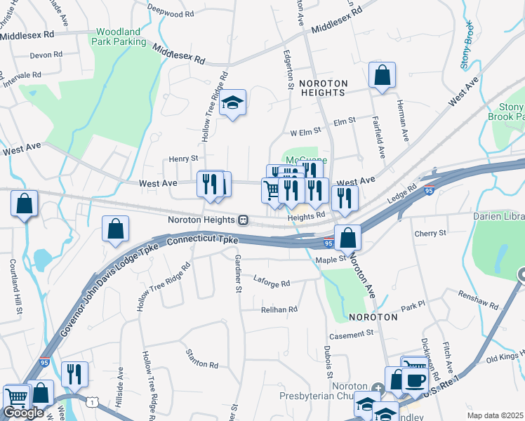 map of restaurants, bars, coffee shops, grocery stores, and more near 102 Heights Road in Darien