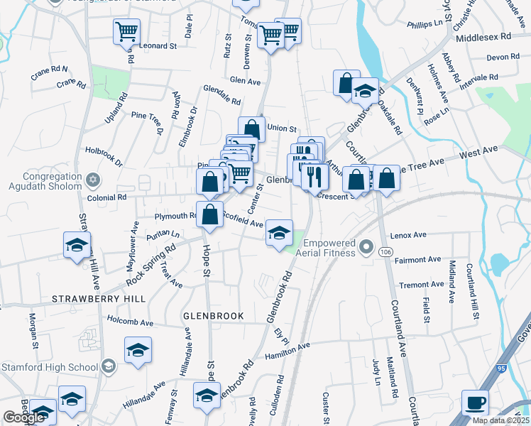 map of restaurants, bars, coffee shops, grocery stores, and more near 25 Center Terrace in Stamford