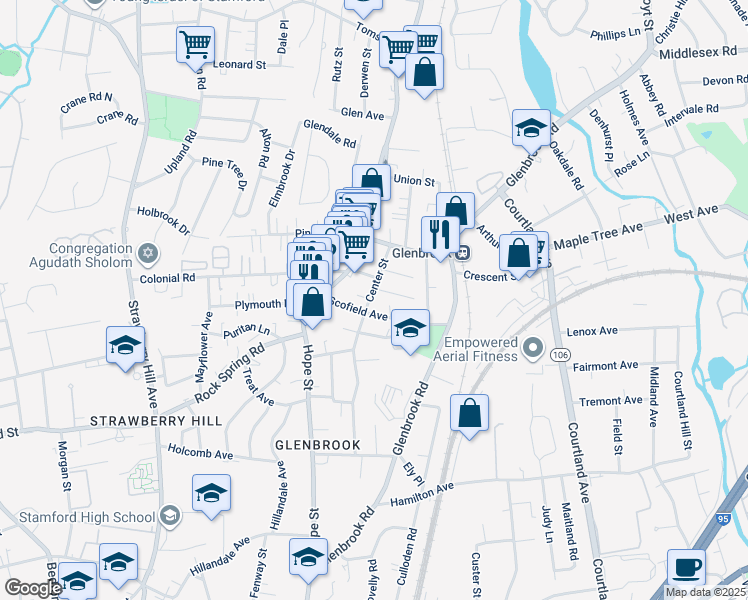map of restaurants, bars, coffee shops, grocery stores, and more near 21 Rose Street in Stamford