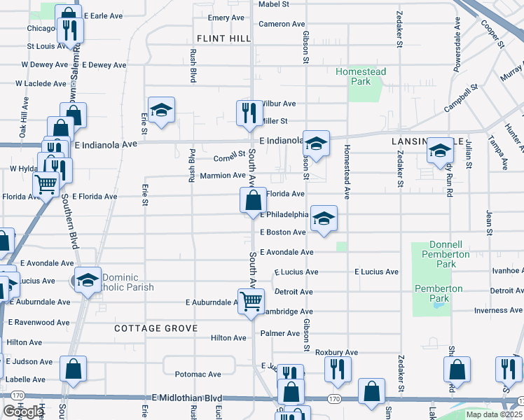 map of restaurants, bars, coffee shops, grocery stores, and more near 2901 South Avenue in Youngstown