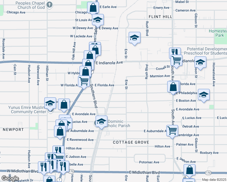map of restaurants, bars, coffee shops, grocery stores, and more near 97 East Florida Avenue in Youngstown