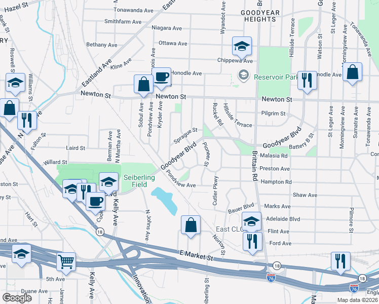 map of restaurants, bars, coffee shops, grocery stores, and more near 1398 Goodyear Boulevard in Akron