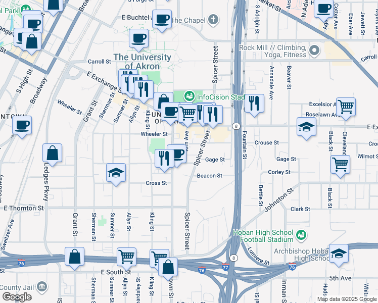 map of restaurants, bars, coffee shops, grocery stores, and more near 429 Kirn Avenue in Akron
